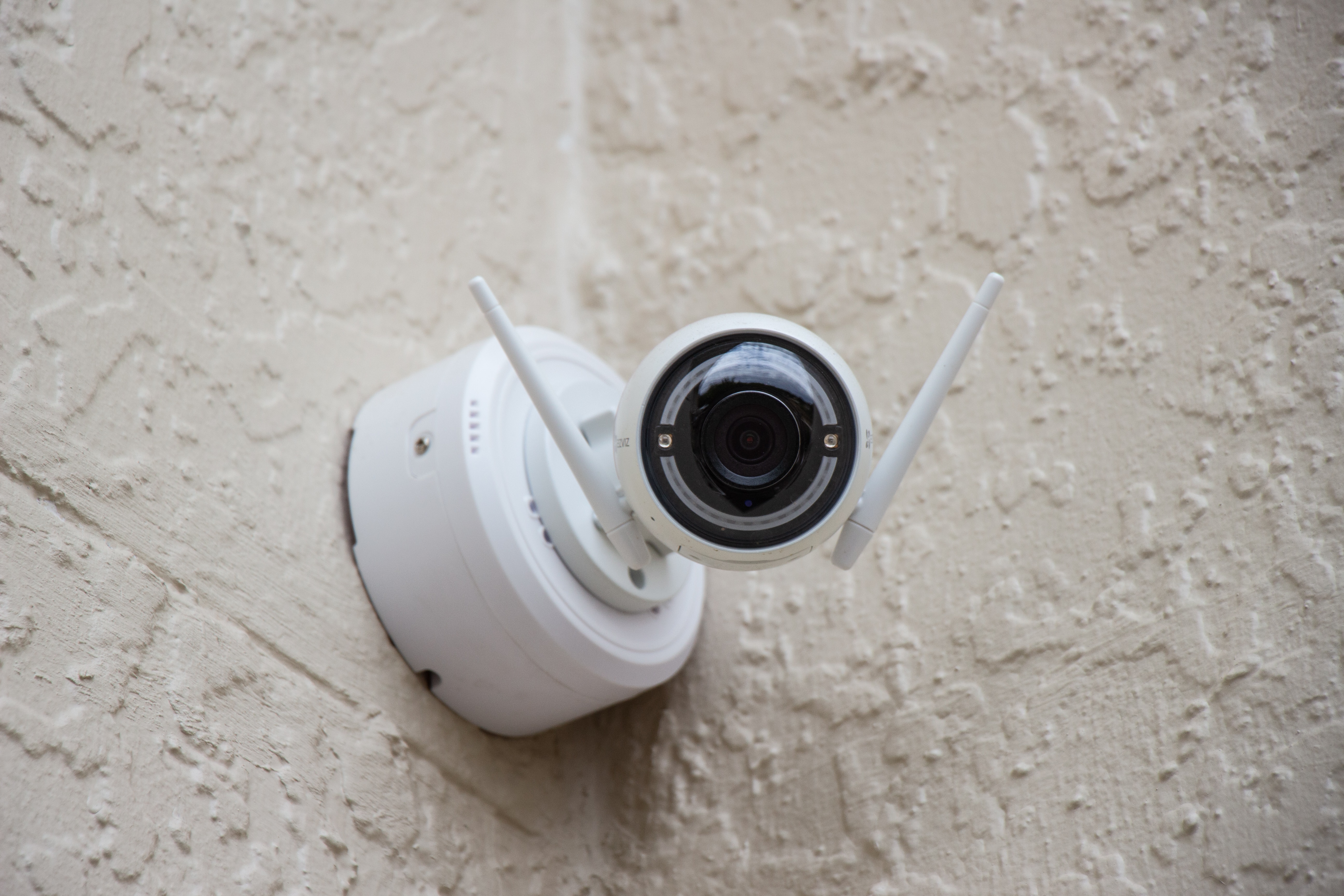 Security camera on outside wall