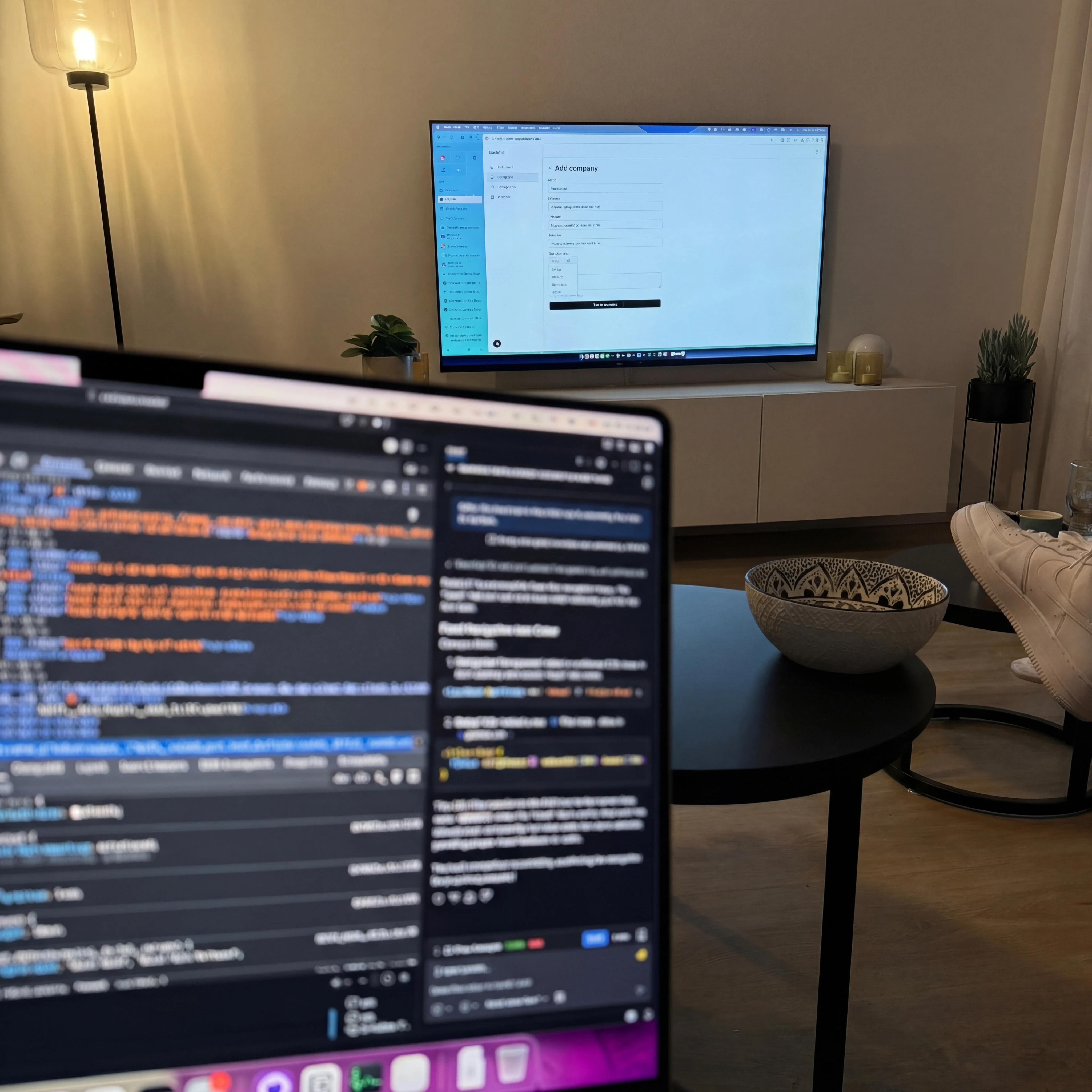 A photo of a laptop and a TV