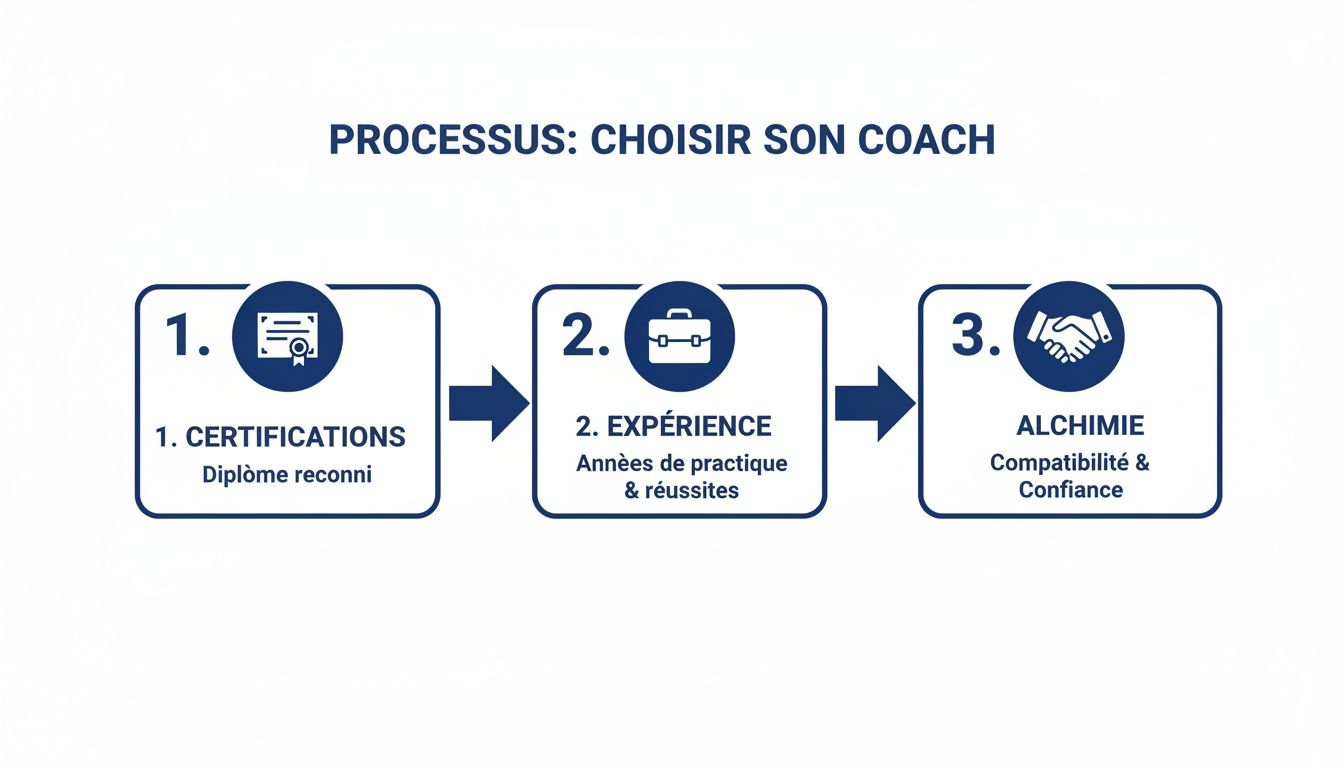 Infographie illustrant les trois étapes clés pour choisir un coach : certifications, expérience et alchimie.
