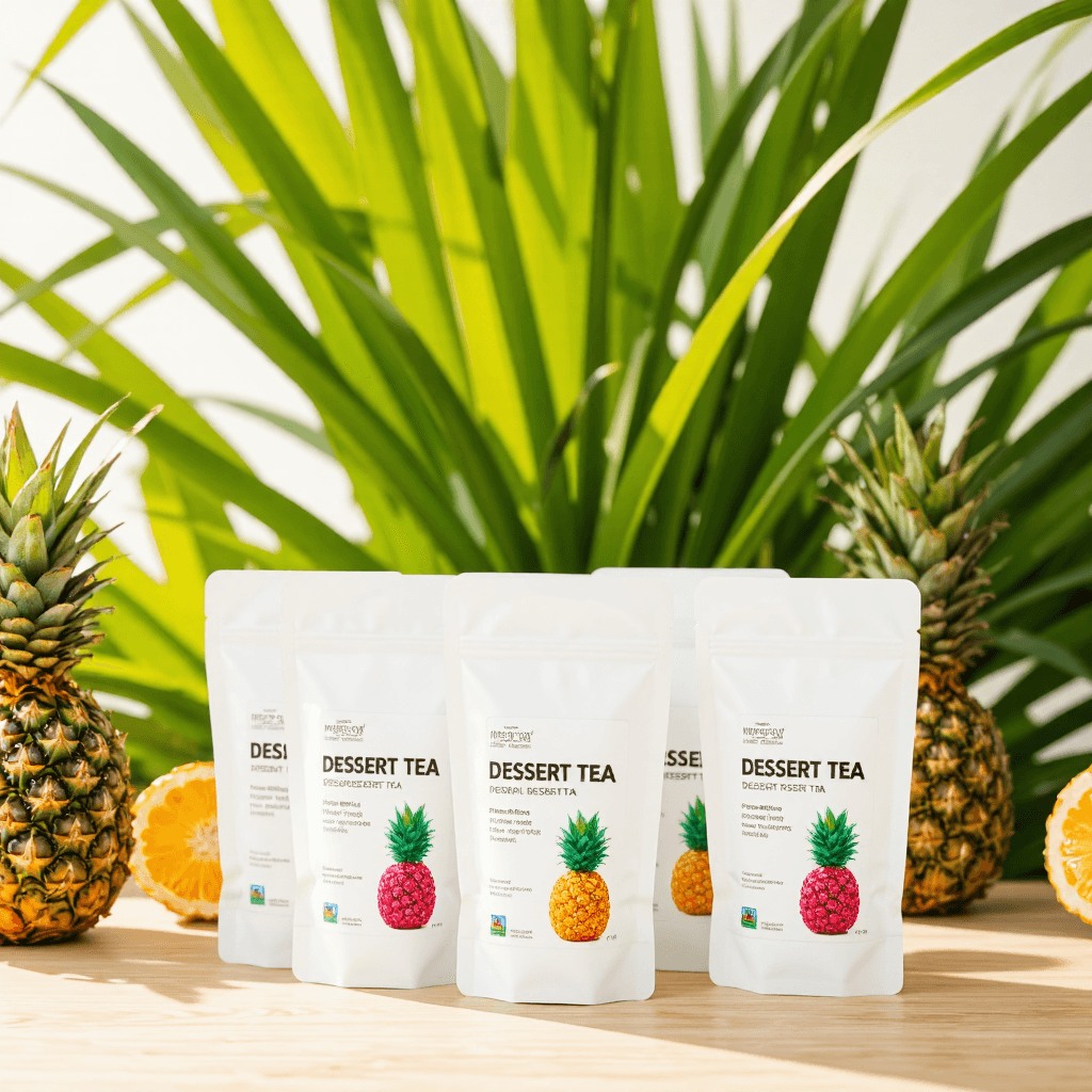 product photography of packets of pineapple vinegar dessert tea