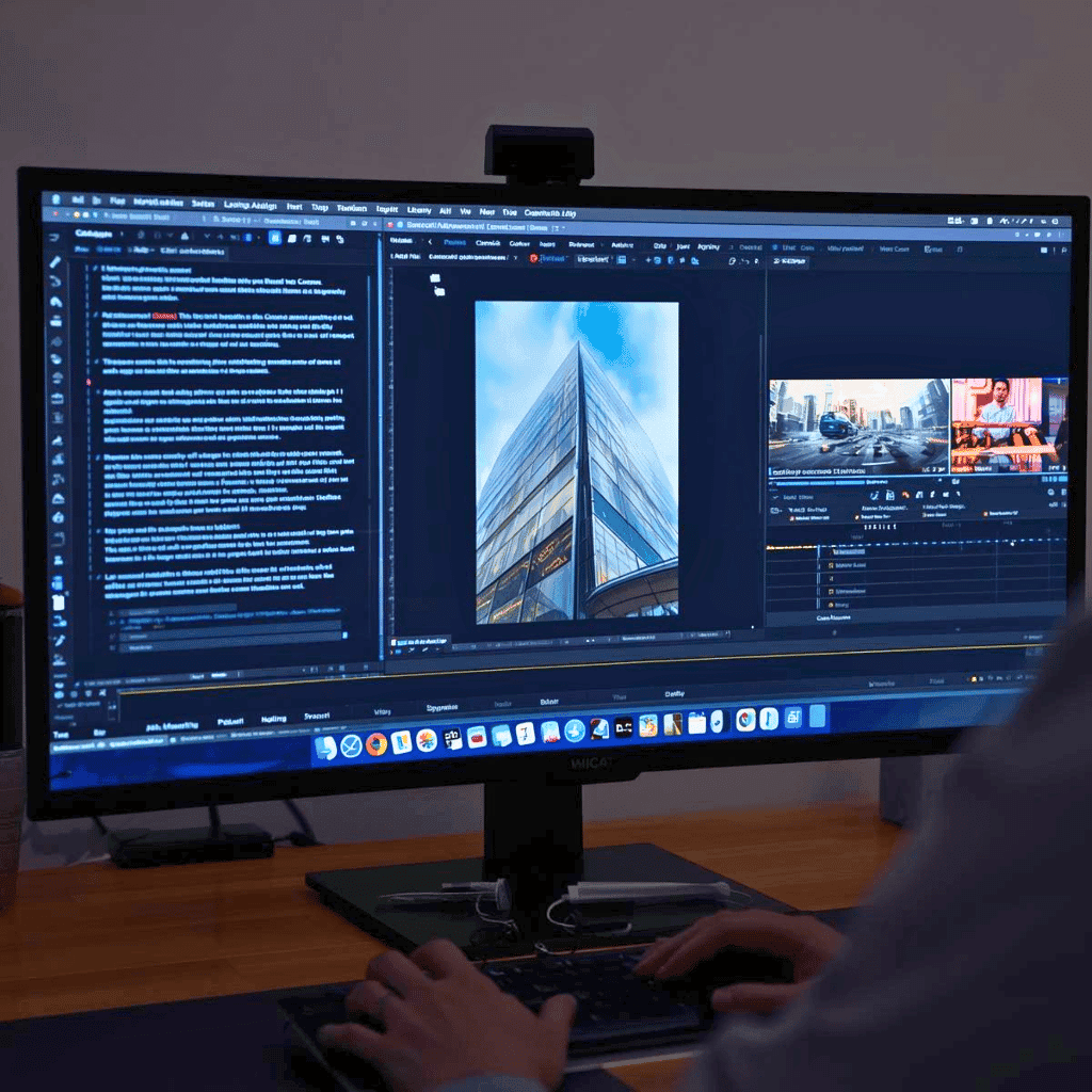 Monitor ultra panorámico mostrando un software de producción audiovisual impulsado por IA, donde se combina la escritura de prompts y la generación o edición de video avanzada.