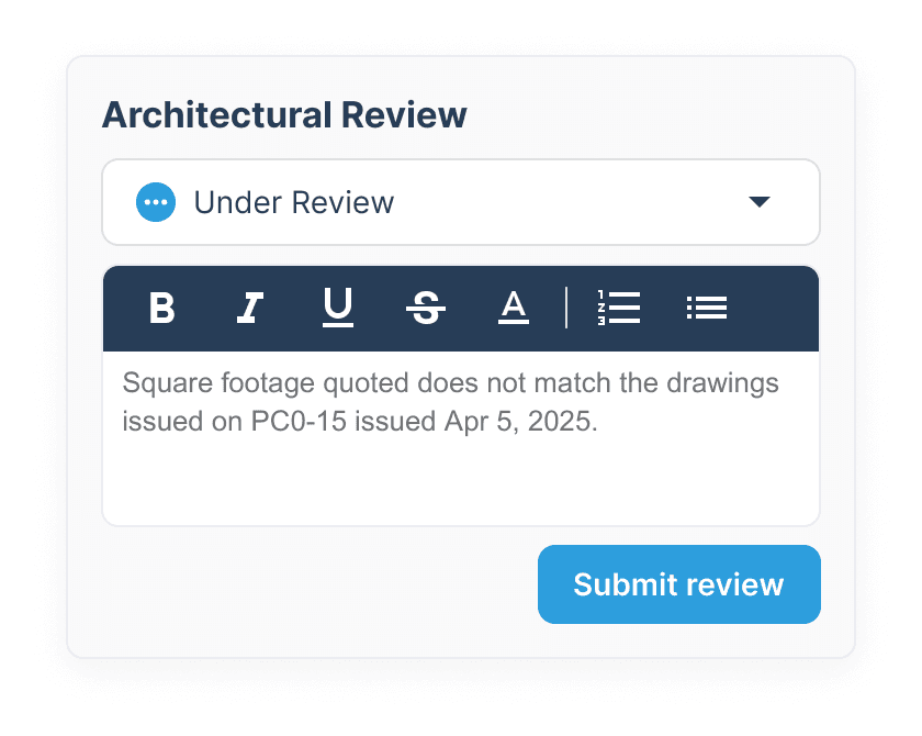 Architect leaving a quote review comment in construction pay app