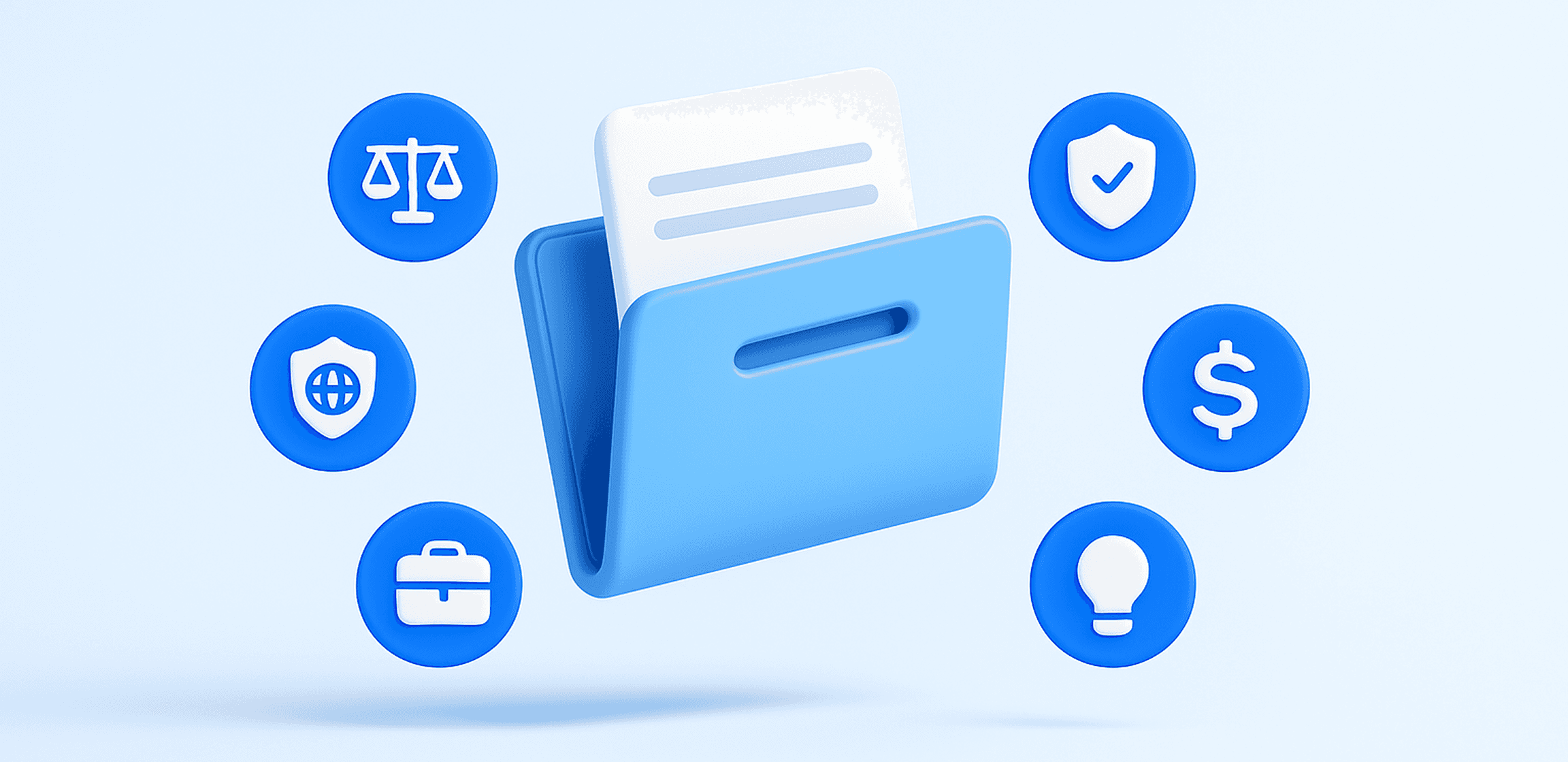 3D illustration of a blue document folder surrounded by icons representing law, security, business, privacy, finance, and ideas — symbolizing categorized legal sub-styles.