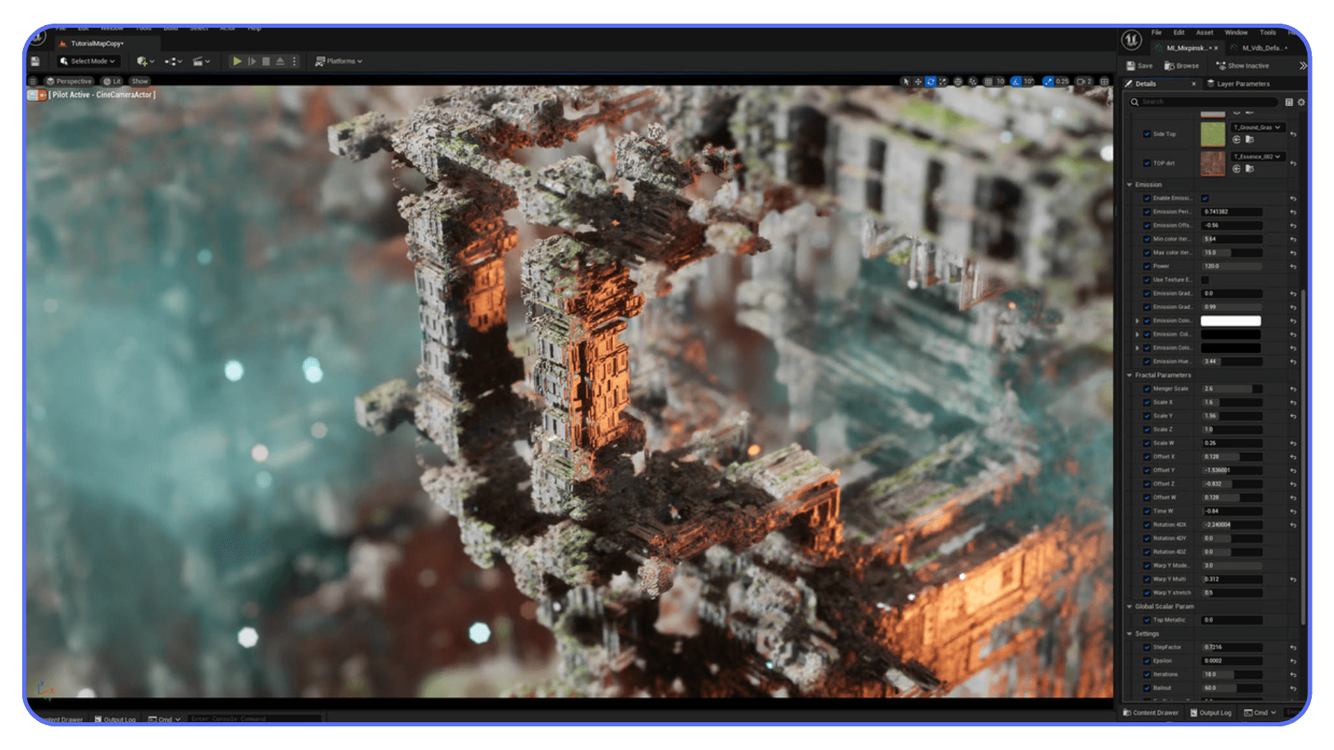 High-detail Unreal Engine render of a fractal, sci-fi ruin environment with depth of field and emission lighting.