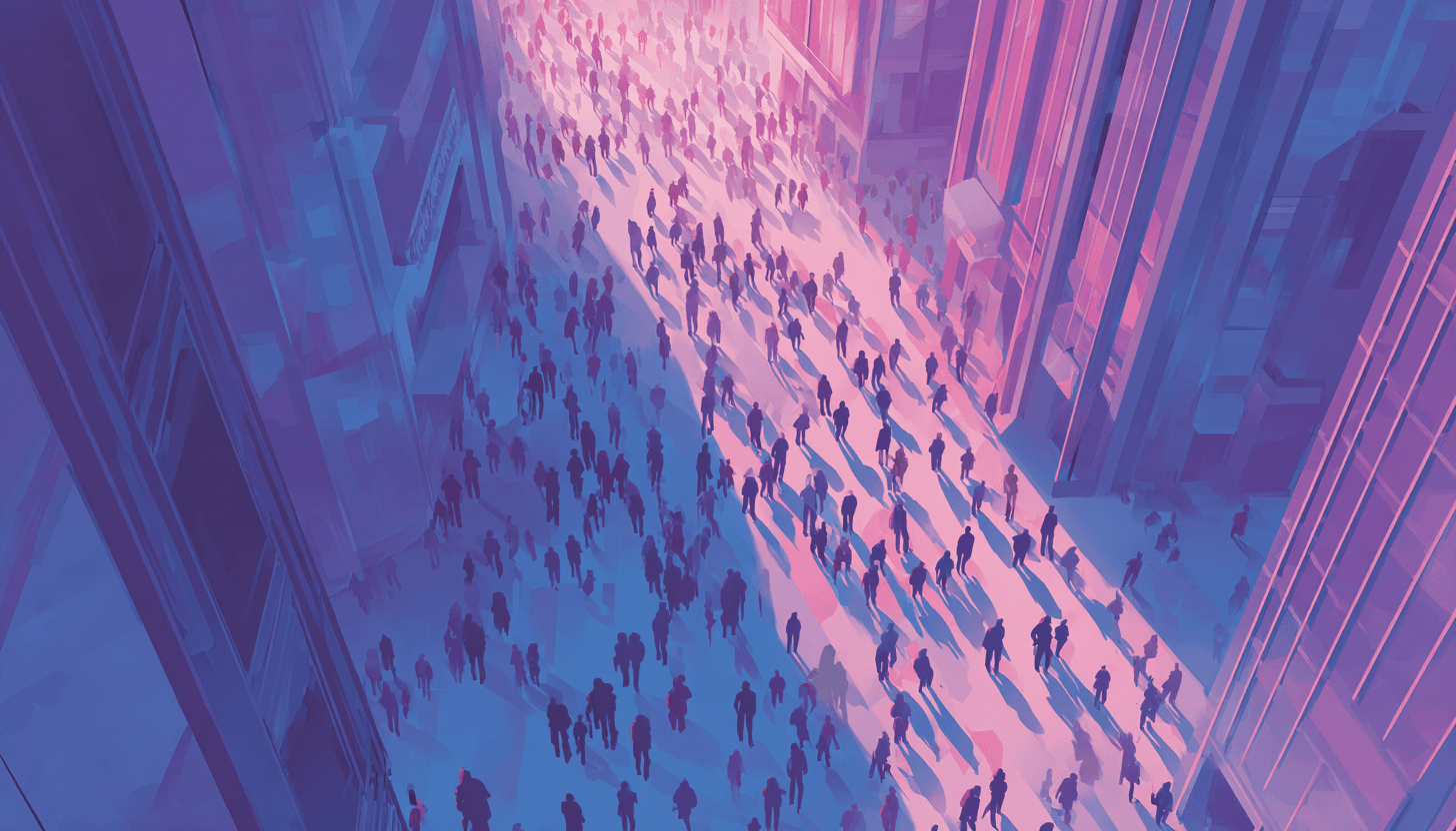A walking street full of people seen from above, in different shades of purple.