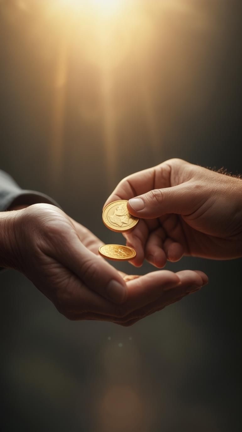 Nahaufnahme zweier Hände, wobei eine Hand der anderen vorsichtig goldene Münzen in die geöffnete Handfläche fallen lässt.