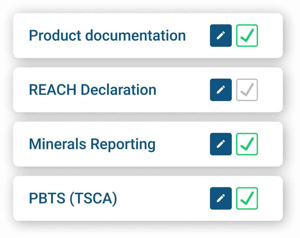 Das Bild zeigt eine Checklisten-Oberfläche mit vier Elementen: "Produktdokumentation", "REACH-Erklärung", "Mineralberichterstattung" und "PBTS (TSCA)", jeweils begleitet von Symbolen zum Bearbeiten und einem Häkchen, wobei die "REACH-Erklärung" ungeprüft ist.