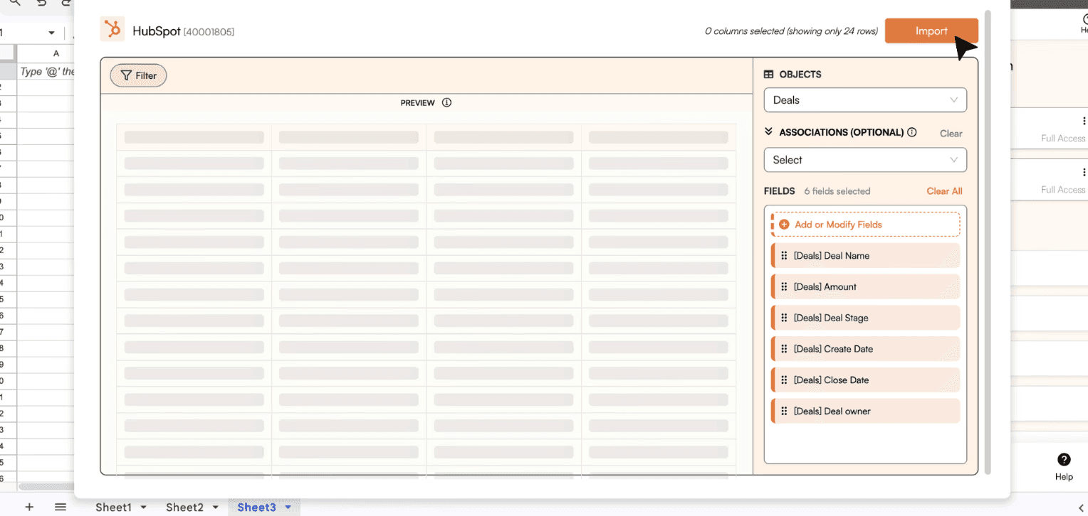 Initiate Import: Click on Import, and watch as your HubSpot data populates your Google spreadsheet instantly.