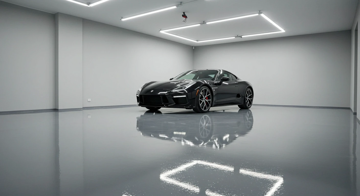 A sleek, glossy solid gray epoxy floor in a modern residential garage with a luxury car parked on it, showing the high-gloss reflection of overhead lighting