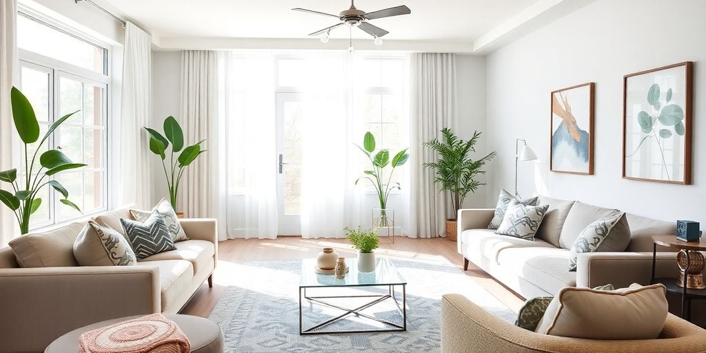 Bright, modern living room with stylish furniture and decor.