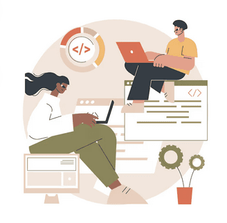 Two people work on laptops in a cozy workspace, surrounded by plants and casual decor.