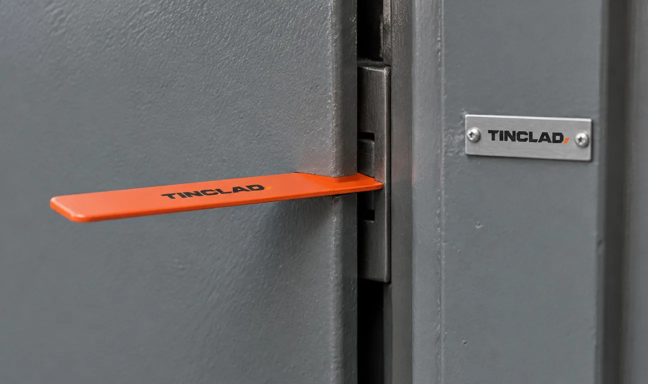 Gap gauge measuring a fire door clearance.