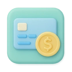 3D teal icon of a credit card and gold coin representing Qubi payments and closed-loop economics
