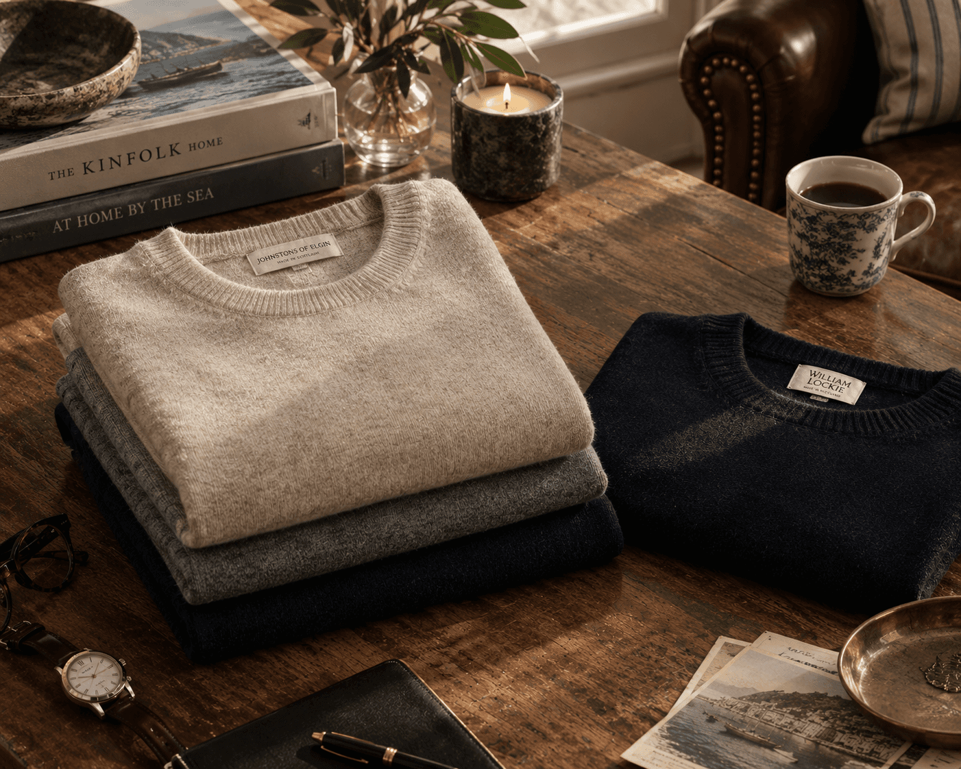 A cozy menswear flatlay on a warm wooden coffee table featuring a neat stack of fine cashmere crewneck sweaters in beige, heather gray, and charcoal, beside a folded dark navy knit sweater. The tabletop is styled with luxury lifestyle elements including hardbound coffee table books, a lit candle in a marble holder, a patterned teacup with black coffee, a leather notebook with a fountain pen, eyeglasses, a leather-strap watch, vintage postcards, and a small brass dish.