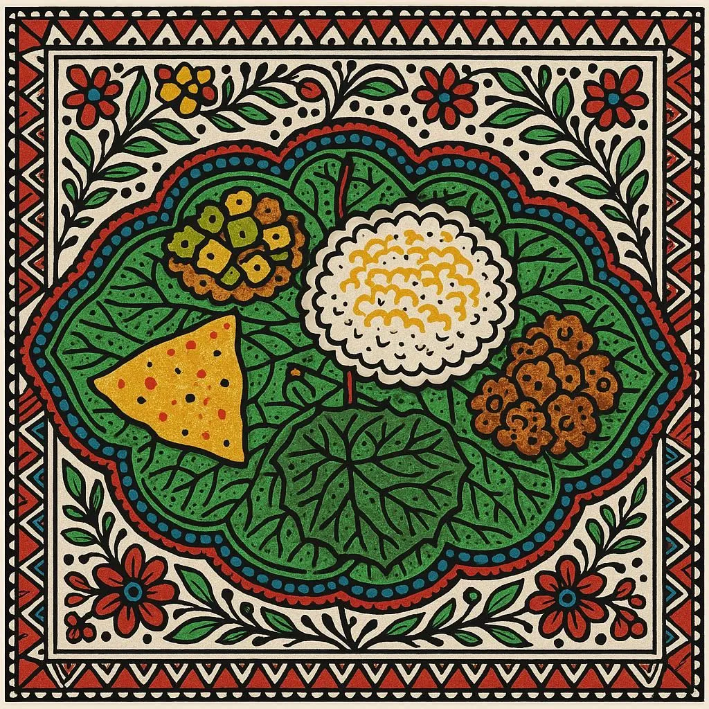 Wedding party eating in traditional style on the floor, women standing on side and singing