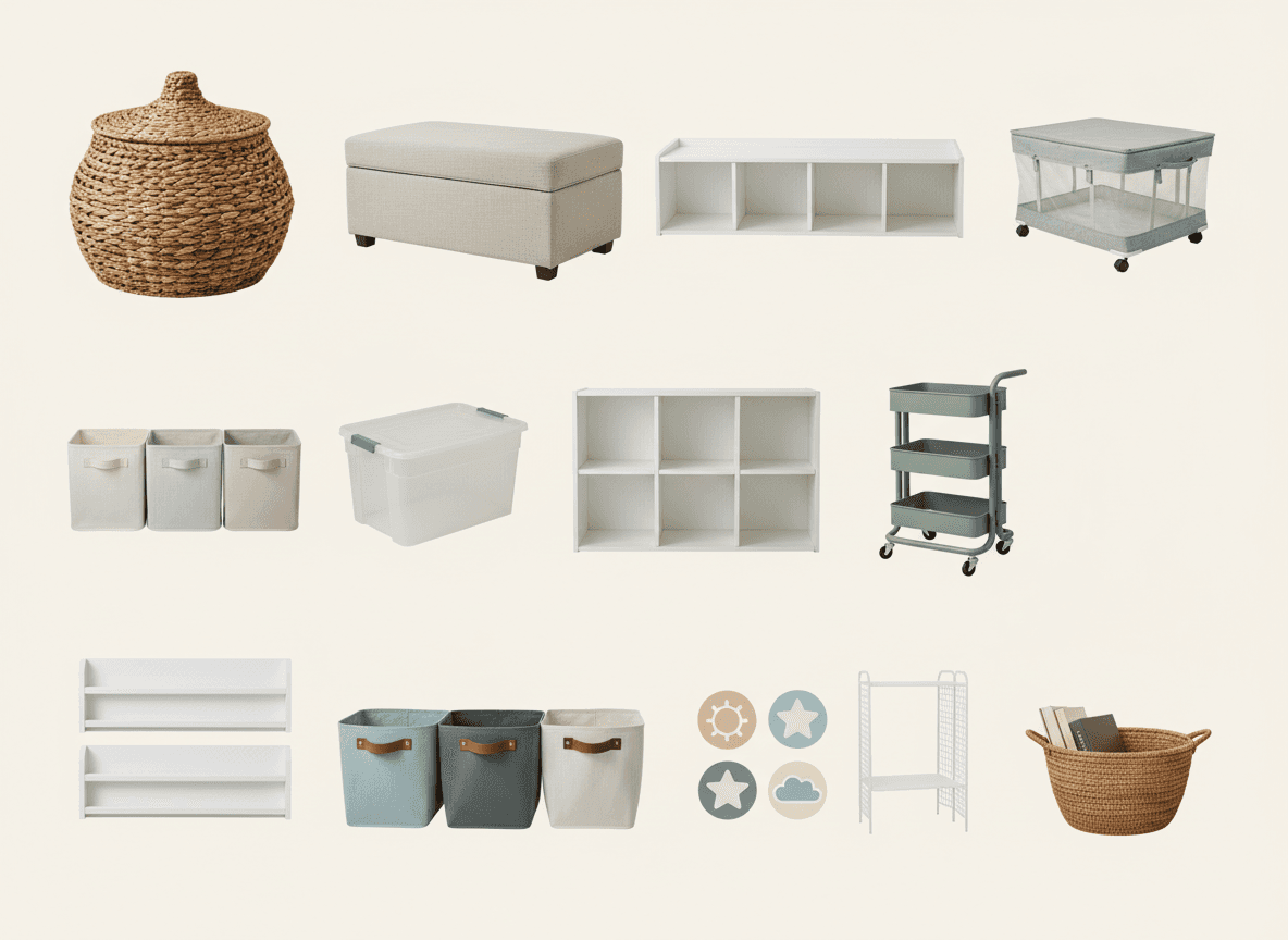Variety of home storage solutions such as woven baskets, fabric bins, plastic containers, white cubby shelves, rolling utility carts, ottoman storage benches, and wall-mounted shelves for organizing living rooms, bedrooms, and playrooms.