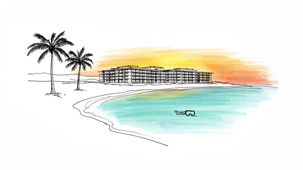 Tropical beach illustration with palm trees, a resort building, and snorkeling gear in turquoise water.