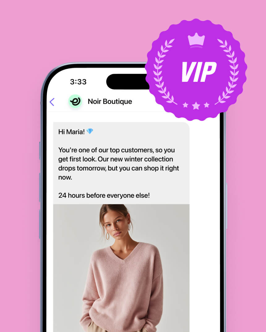 Viber messaging campaign showcasing a personalized message, targeting VIP members from a fashion and apparel e-commerce store.