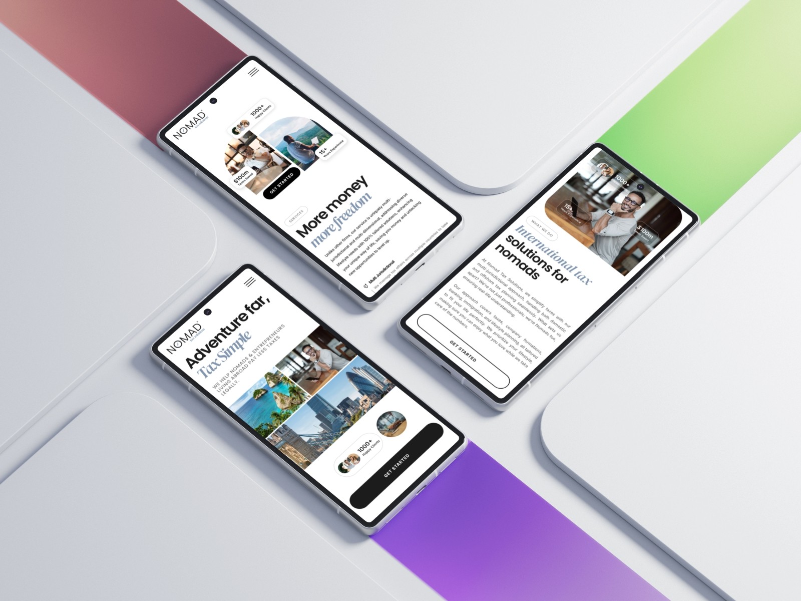 Multiple mobile device screens displayed showing website or app interfaces arranged on a gradient purple background for a digital portfolio presentation.