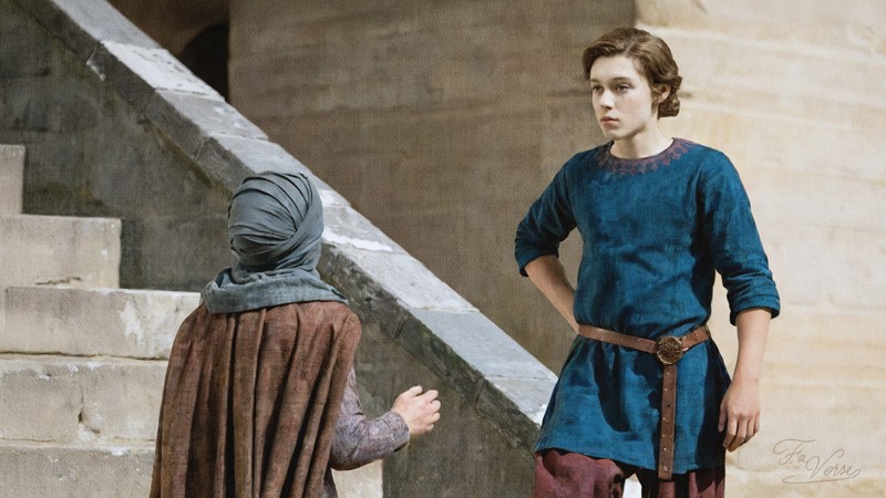 Sacred artwork by Faith and Verse. © Faith and Verse, 2025. All rights reserved. Young Duke Václav in a blue tunic stands at the base of stone stairs, facing away. His mother Drahomíra, veiled and cloaked in earth tones, ascends the steps with her back turned. The composition emphasizes separation and finality.