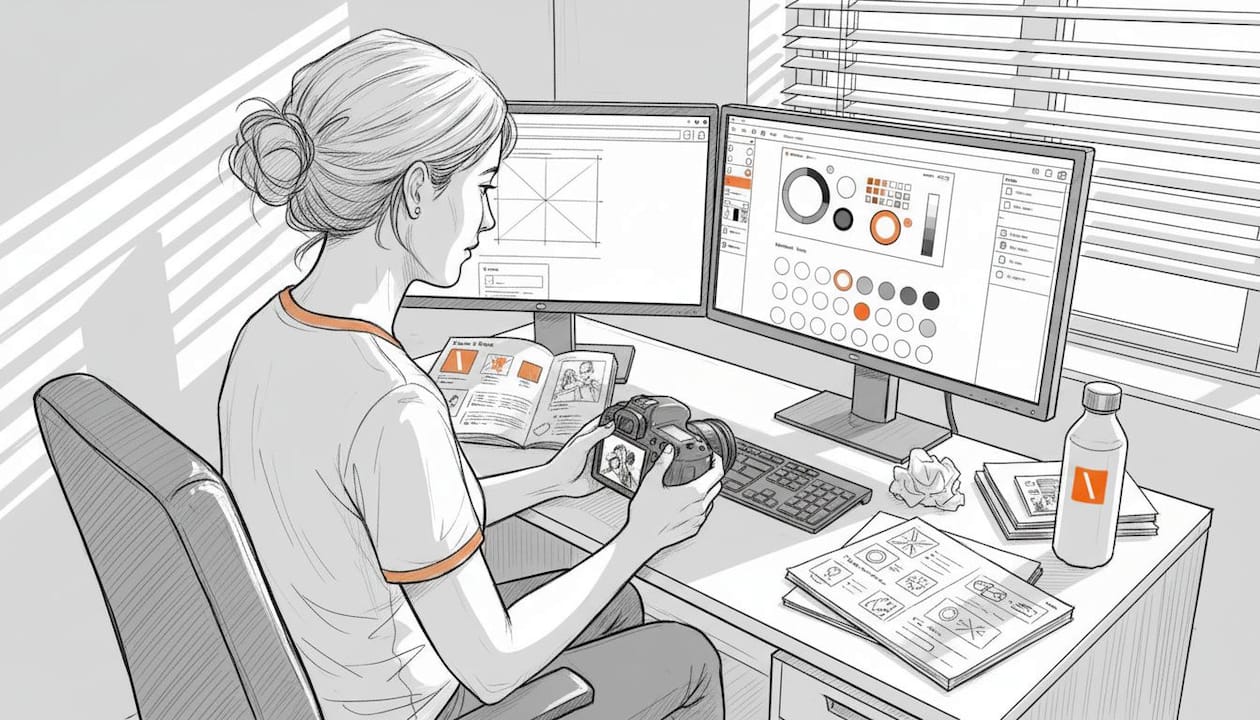 Un designer travaille à son bureau pour peaufiner l’identité visuelle du site.