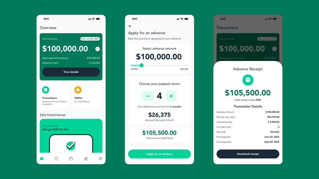 Three Zafe app screens showing a salary advance flow.