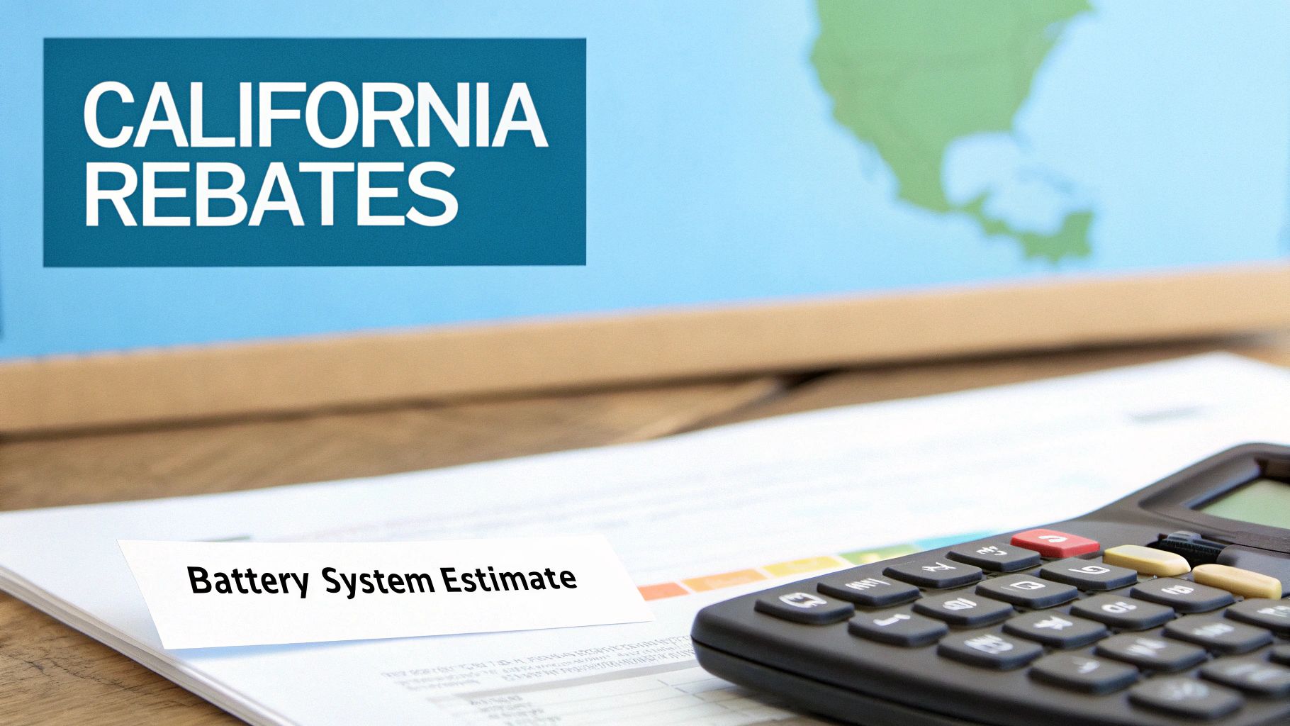 A calculator and documents on a desk, with a sign reading 'California Rebates' and 'Battery System Estimate'.