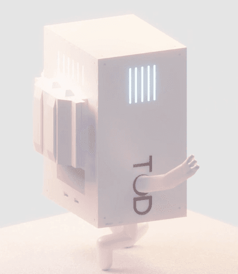 White box-shaped character with legs and arms in a minimalist 3D render.