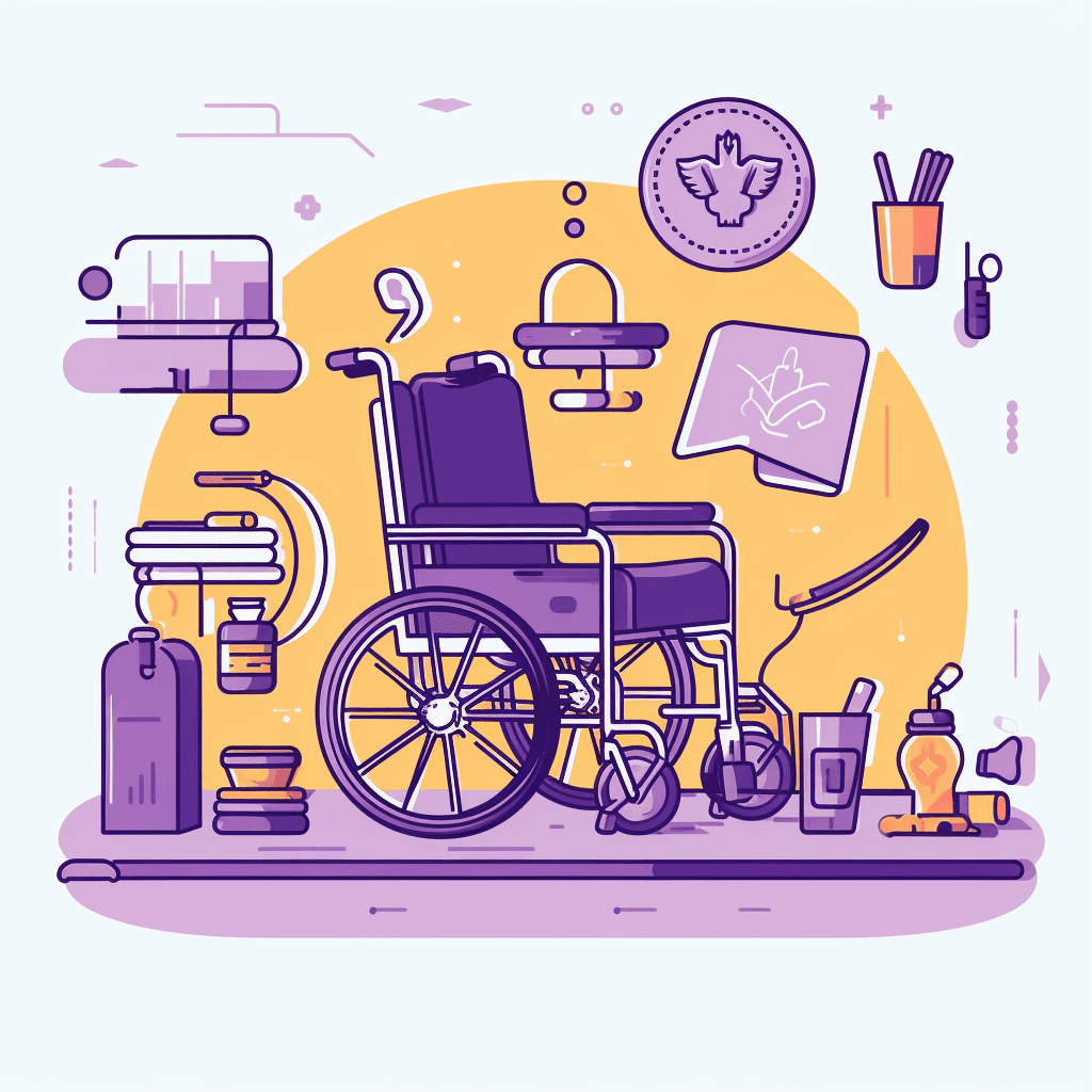 An abstract depiction of health insurance programs including a wheelchair and other items.