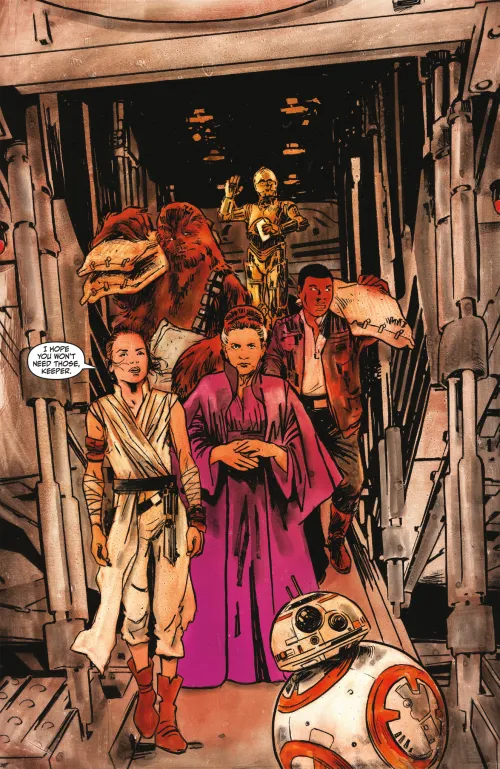 Preview page from Star Wars: Tales from the Nightlands #3 featuring Rey, Leia, Finn, Chewbacca, C3PO, and BB-8