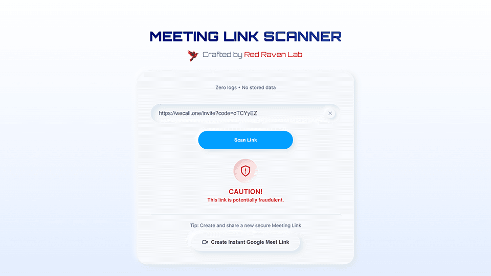 Meeting Link Scanner step 2 — phishing danger detected in scam link