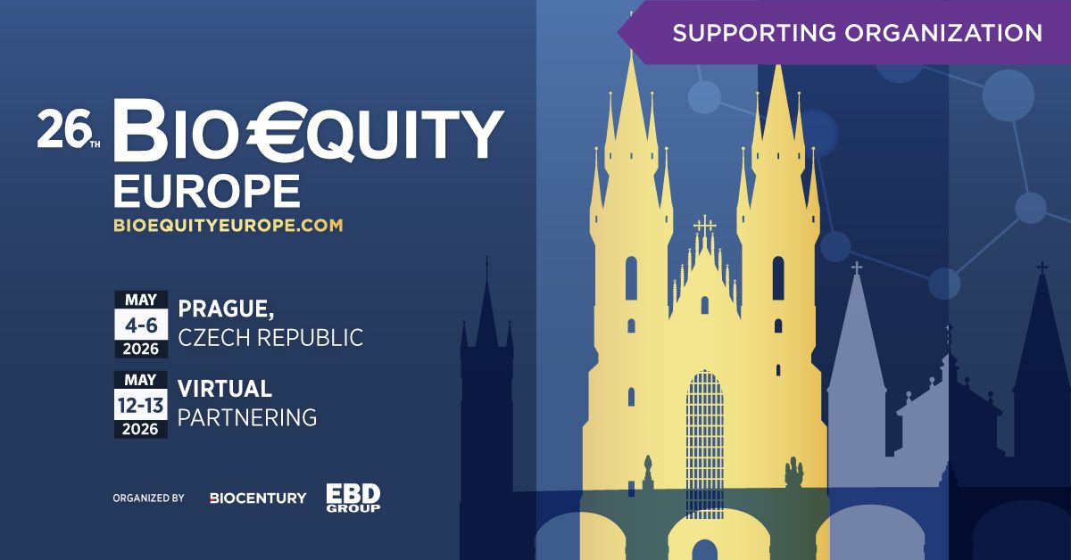 Colorfull poster with the data of Bio Equiti europe with illustration of the Prague church