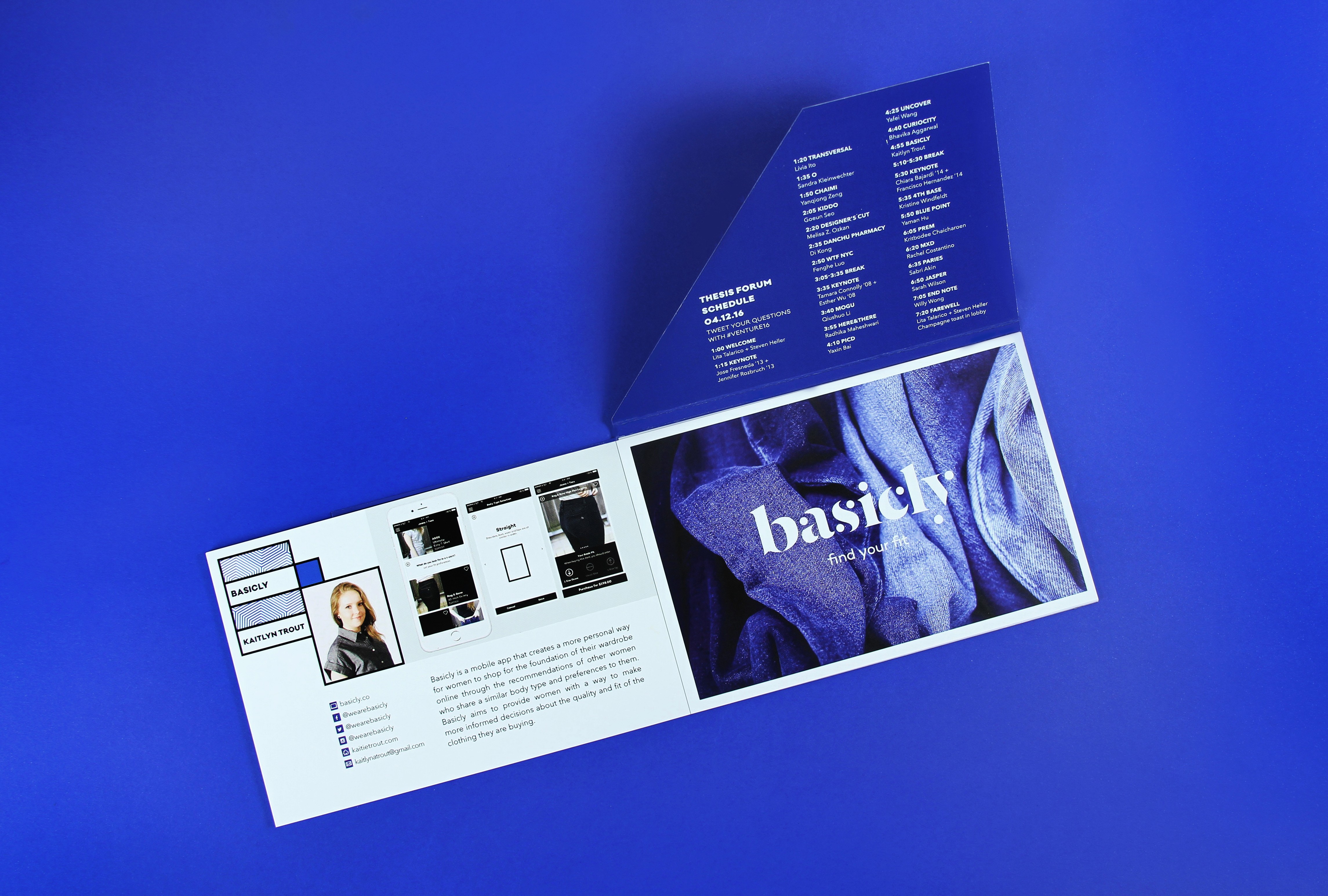 A blue notebook with images of a woman, some artwork and some texture fabric. On it there is the text: basicly.