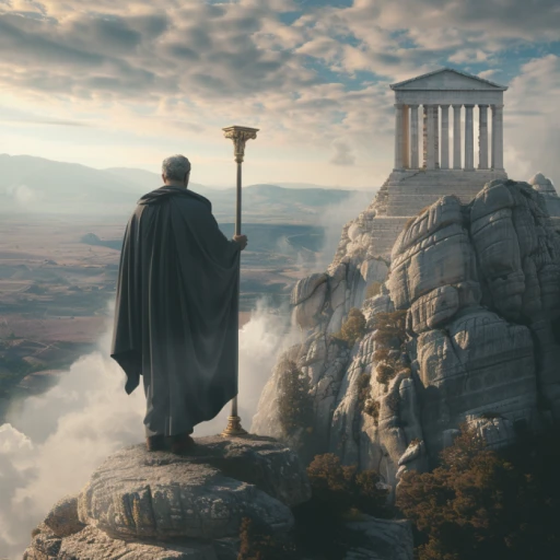 Upon a grand, ancient promontory stands a figure clad in the solemn drapery of history, gazing over the expanse that whispers tales of old. With a staff in hand, he embodies the gravitas of an age where law and philosophy were deeply intertwined. This is the portrayal of a lawyer from antiquity, perhaps a philosopher-lawyer akin to the great minds of Ancient Greece, an advocate in the arenas of justice when democracy itself was in its infancy. The temple behind him, a testament to the ideals of order and law, serves as a silent sentinel to the noble pursuit of justice that has been a cornerstone of civilization since time immemorial.