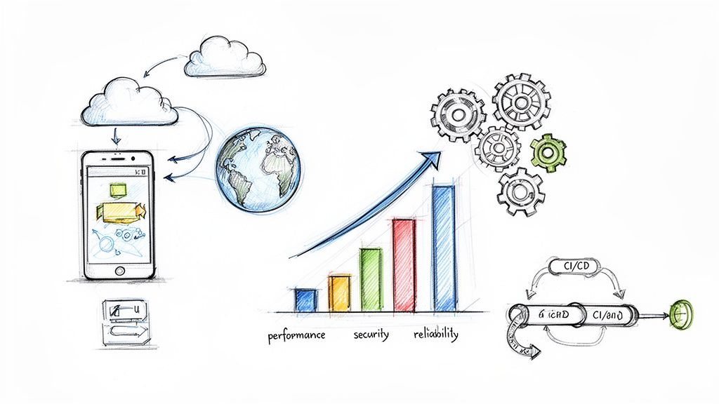 Sketch illustrating mobile app development flow, cloud integration, global reach, performance improvements, and CI/CD.