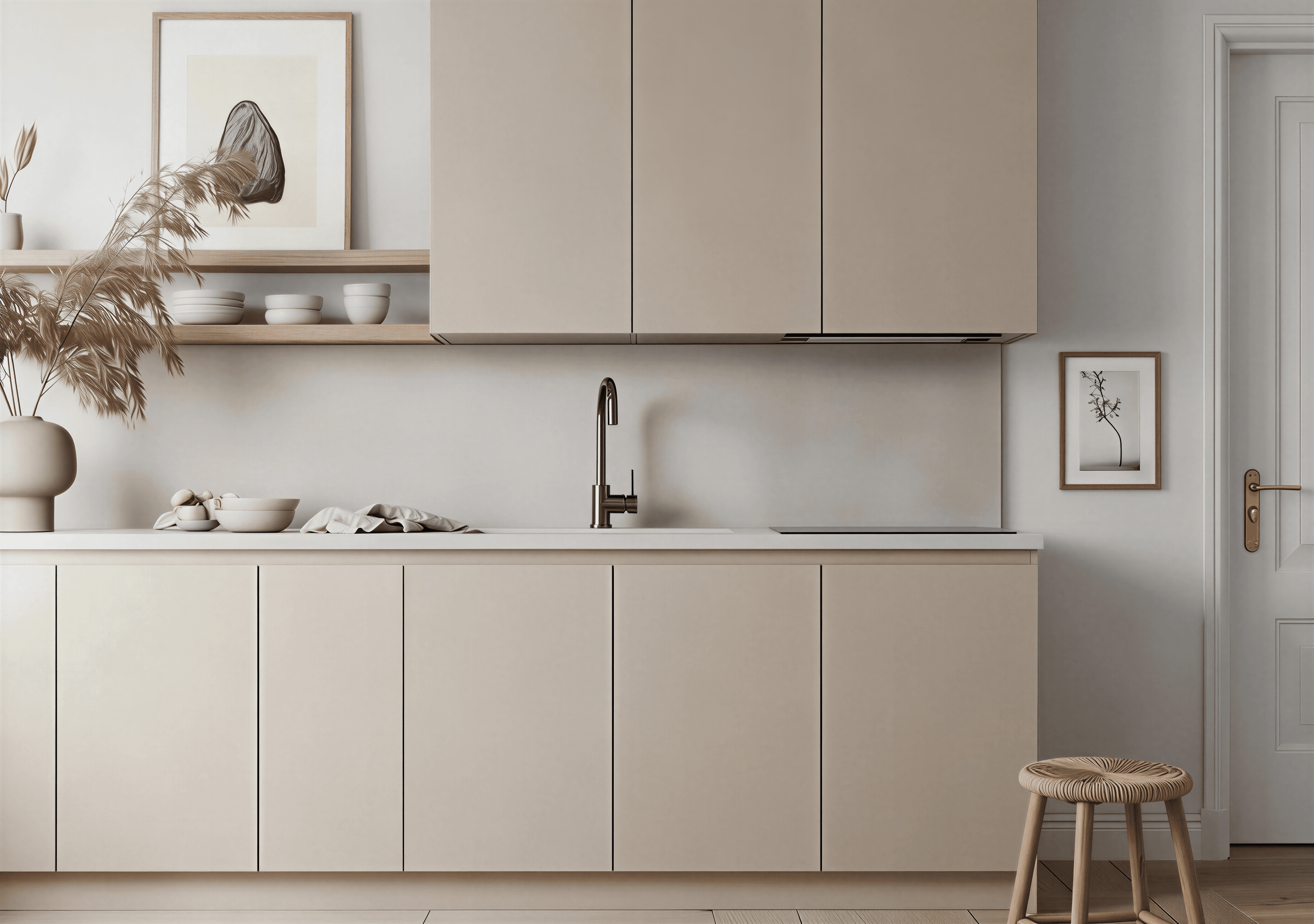Bucătărie bej minimalistă cu fronturi mate, poliță deschisă și robinet negru.