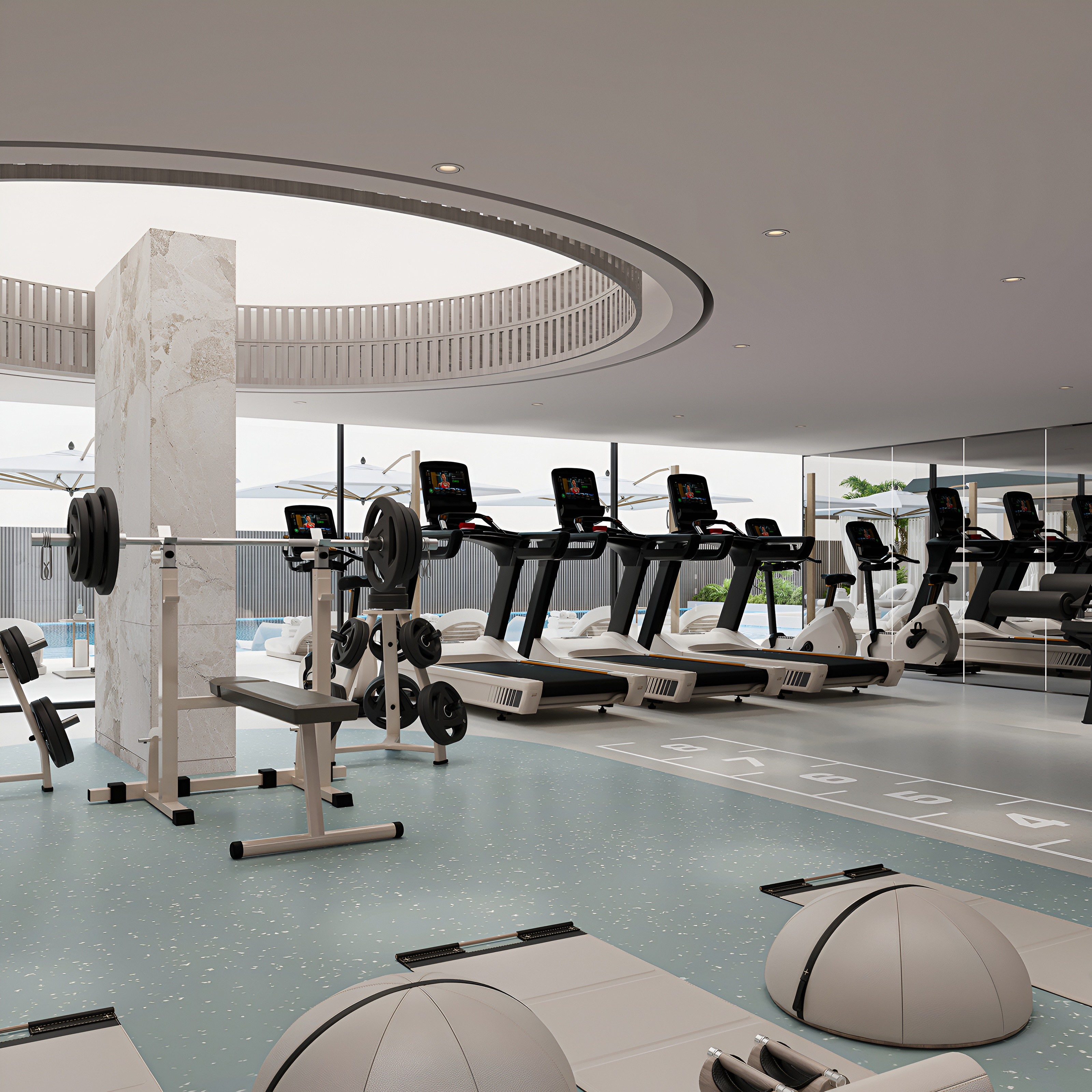 Interior of a gym at Belle Vie by Zimaya, featuring numerous workout machines and extensive mirrors on the walls.