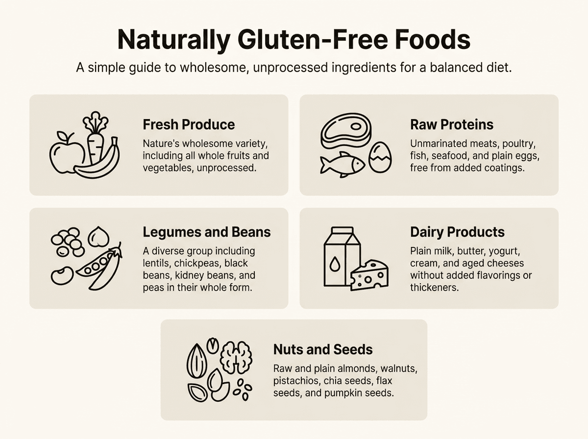 Infographic showing five naturally gluten-free food categories with icons