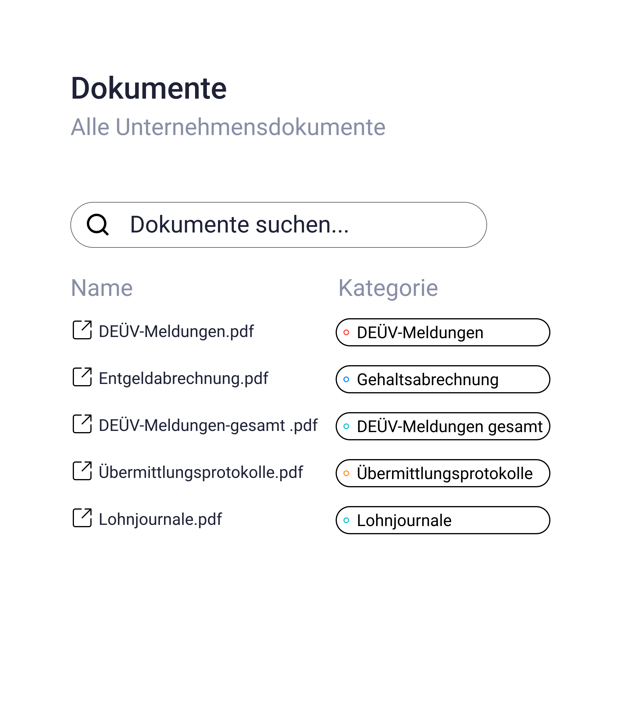 Dokumentenverwaltung für Unternehmensunterlagen: Suchfunktion und kategorisierte Liste mit DEÜV-Meldungen, Entgeltabrechnung, Übermittlungsprotokollen und Lohnjournalen als PDF-Dateien