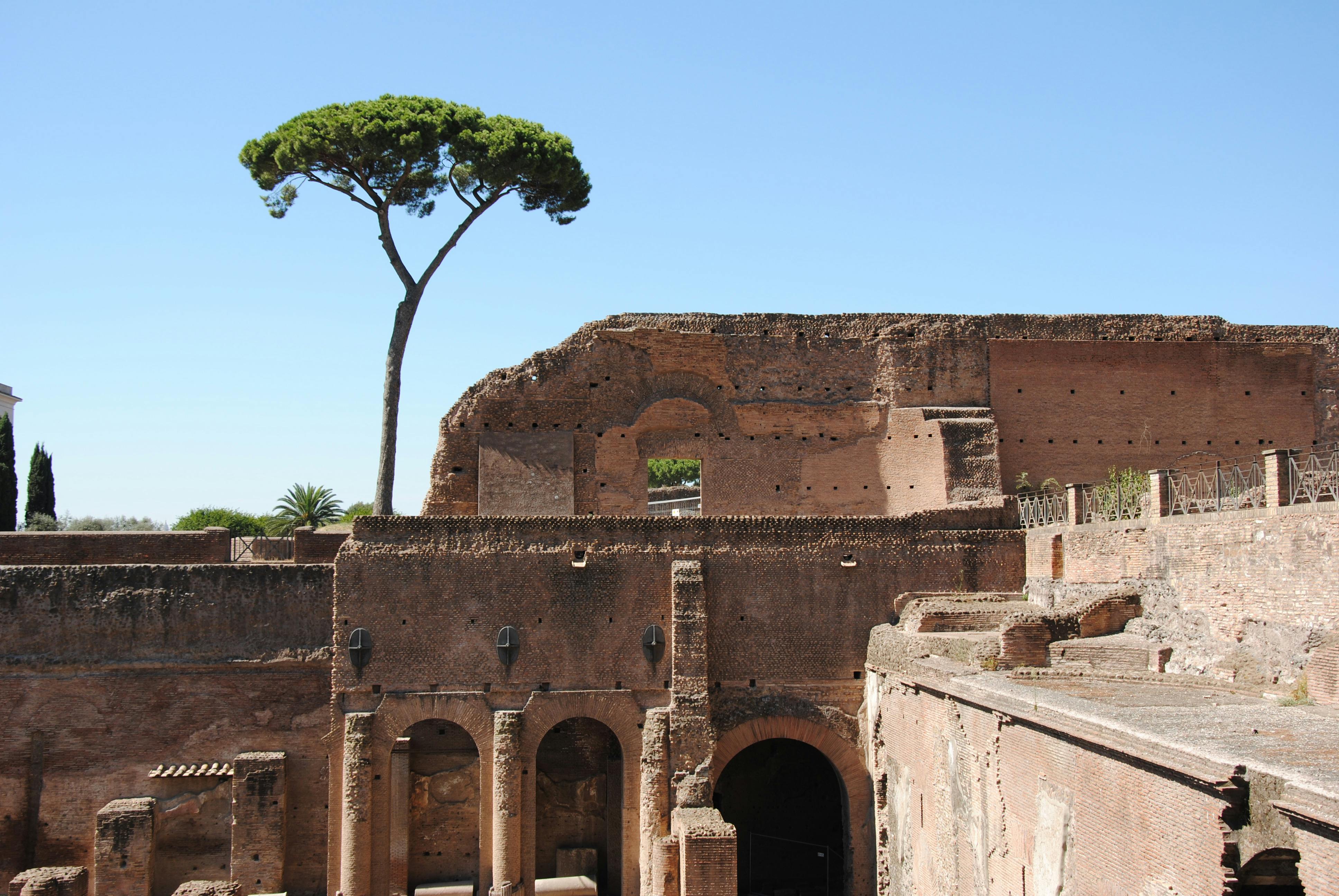 Sunlit Roman brick wall and archaeological masonry inside the Domus Aurea remains in central Rome