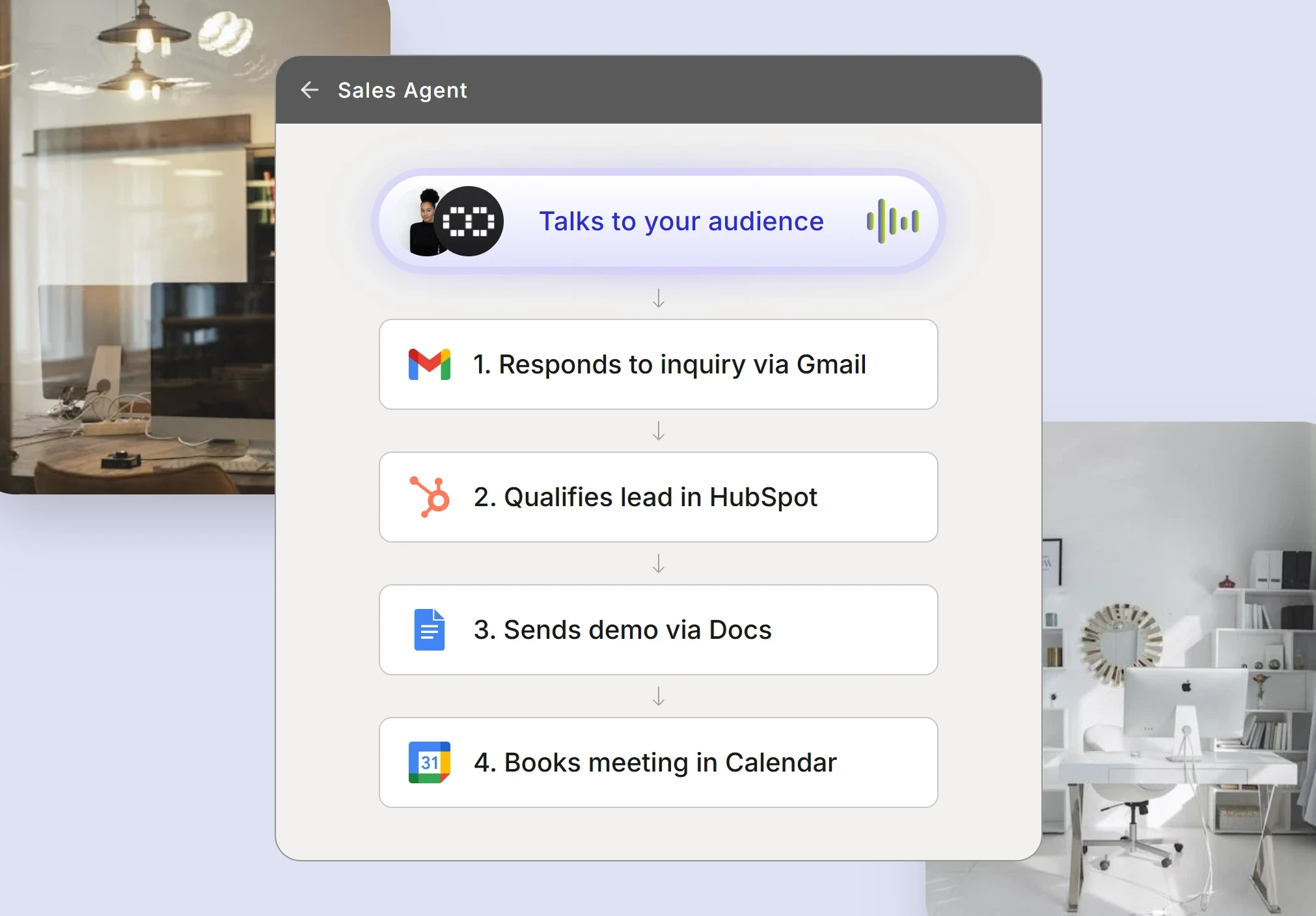 Sales workflow showing AI agent qualifying leads and booking meetings via Google Calendar