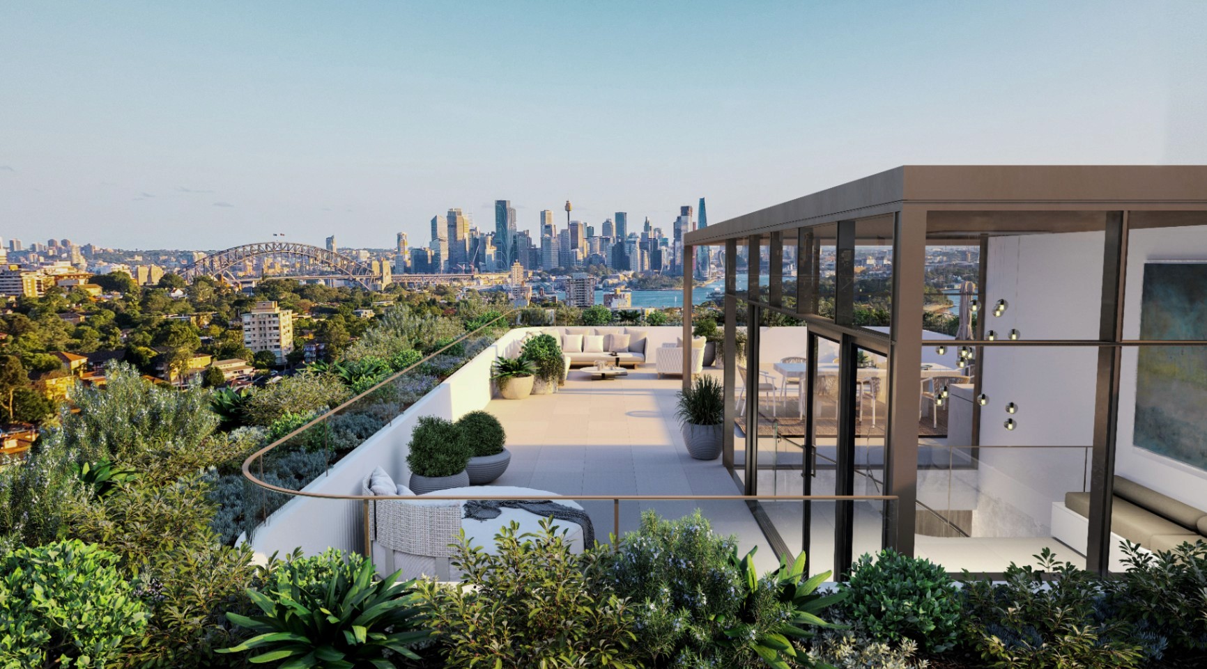 Rooftop terrace with city and harbour views at St Leonards luxury apartments, off the plan property secured with $10K and weekly payments