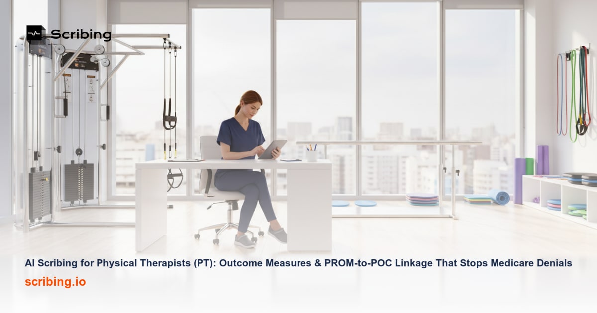 Physical therapist using AI scribing technology to document patient outcome measures and link them to a plan of care in a clinical setting