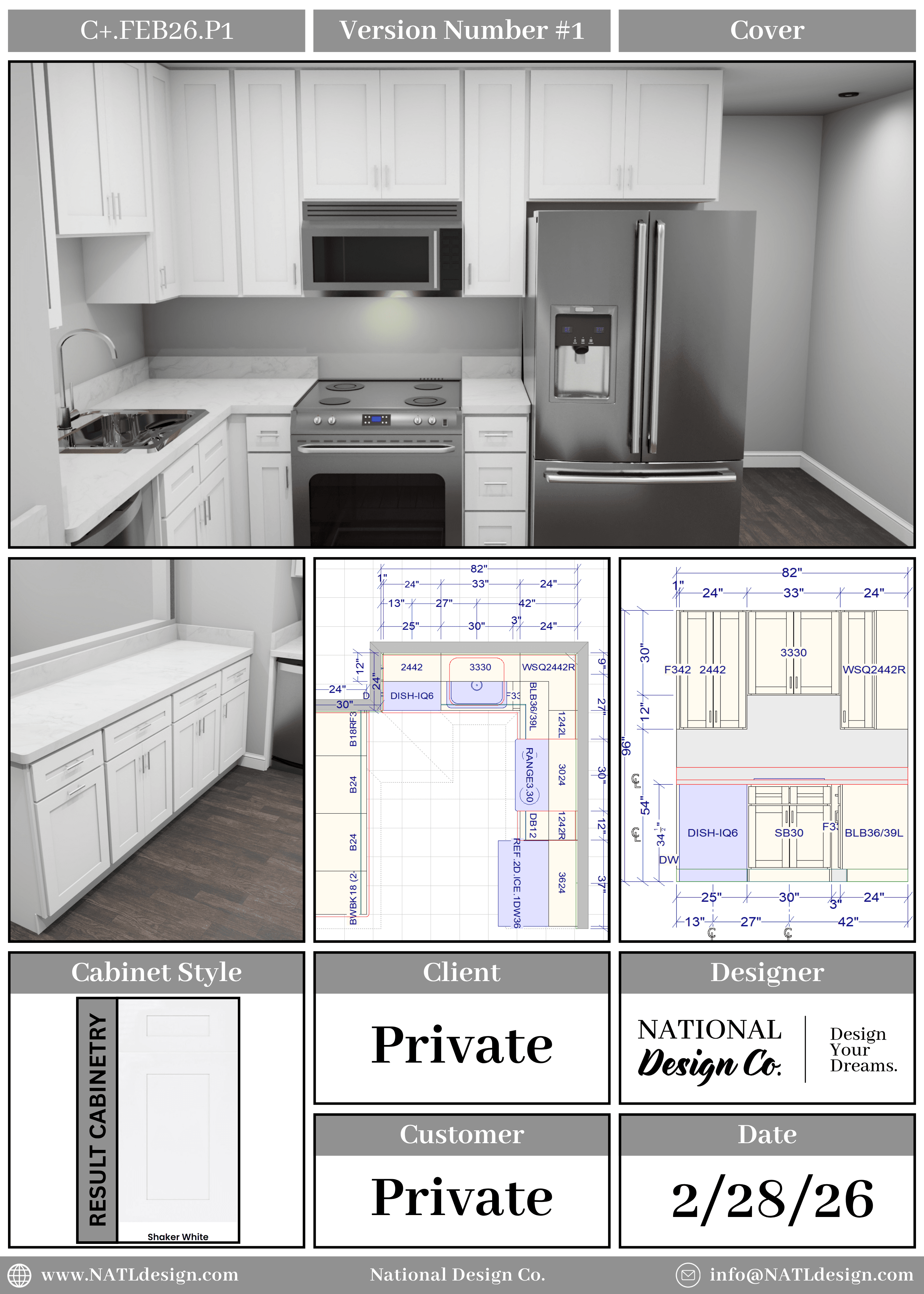 Portfolio Image #18 Sample collage cover page consisting of 4 images of a kitchen design that features a 3D rendering of a modern kitchen with white upper cabinets, navy blue lower cabinets, a large island with a sink, stainless steel appliances, and white countertops.