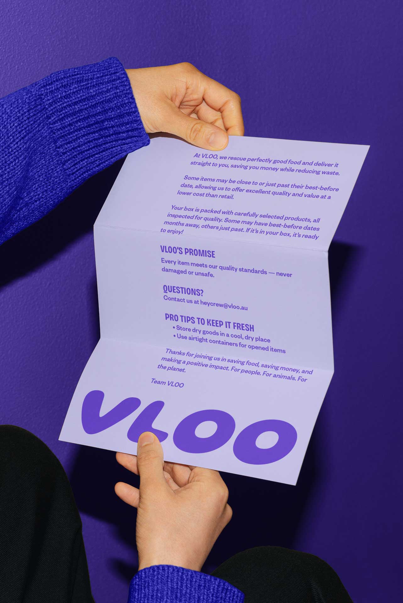 A pair of hands holding the VLOO info flyer, on a purple background