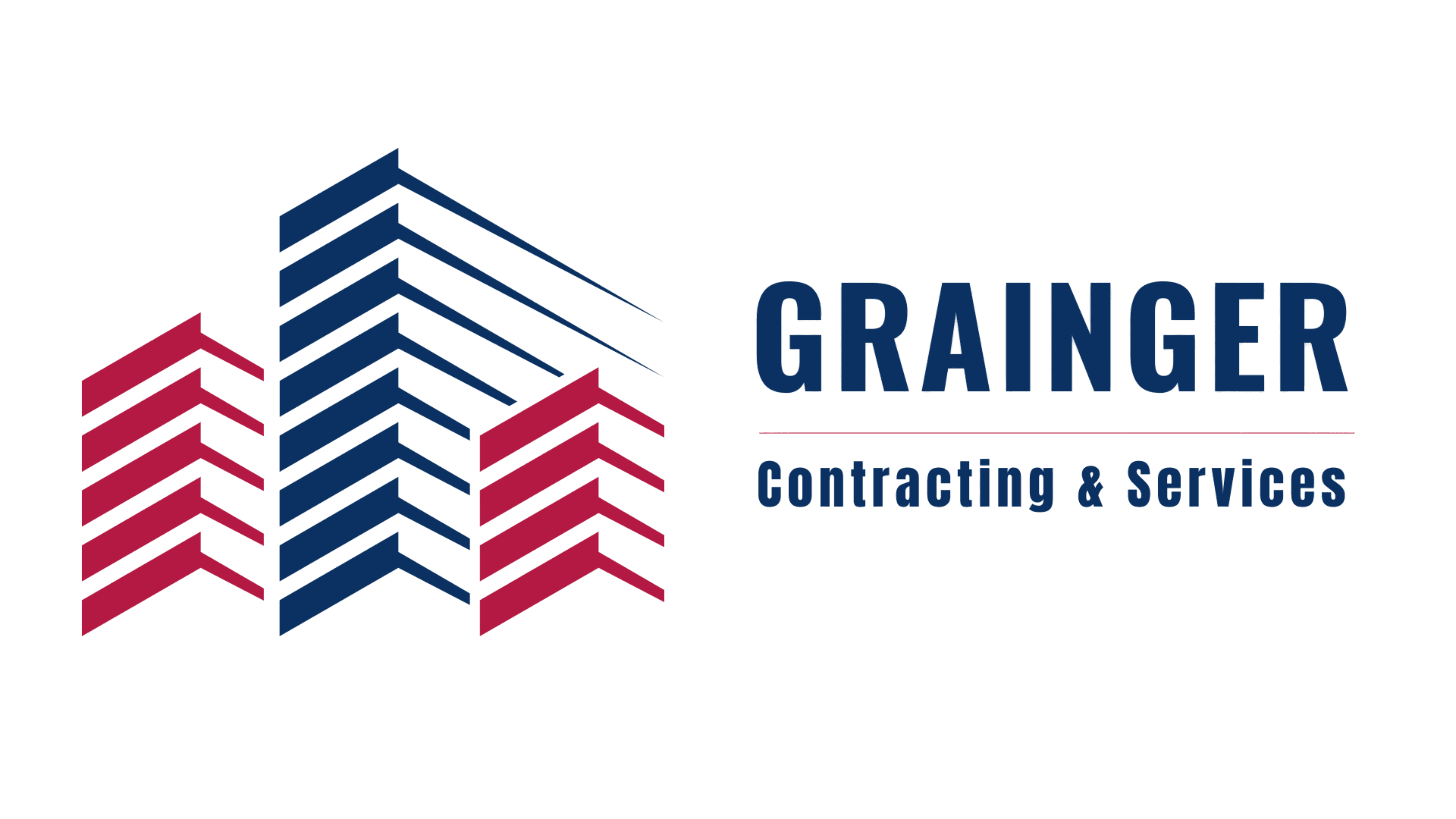 Grainger Contracting and Services horizontal logo with a building icon and re and blue colors the same color as the American Flag