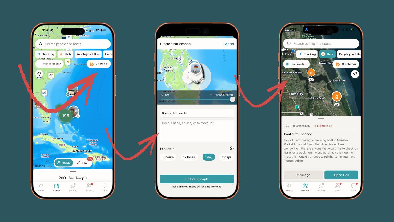 SeaPeople Hails feature showing nearby boaters, hail creation, and local boating conversations on the map