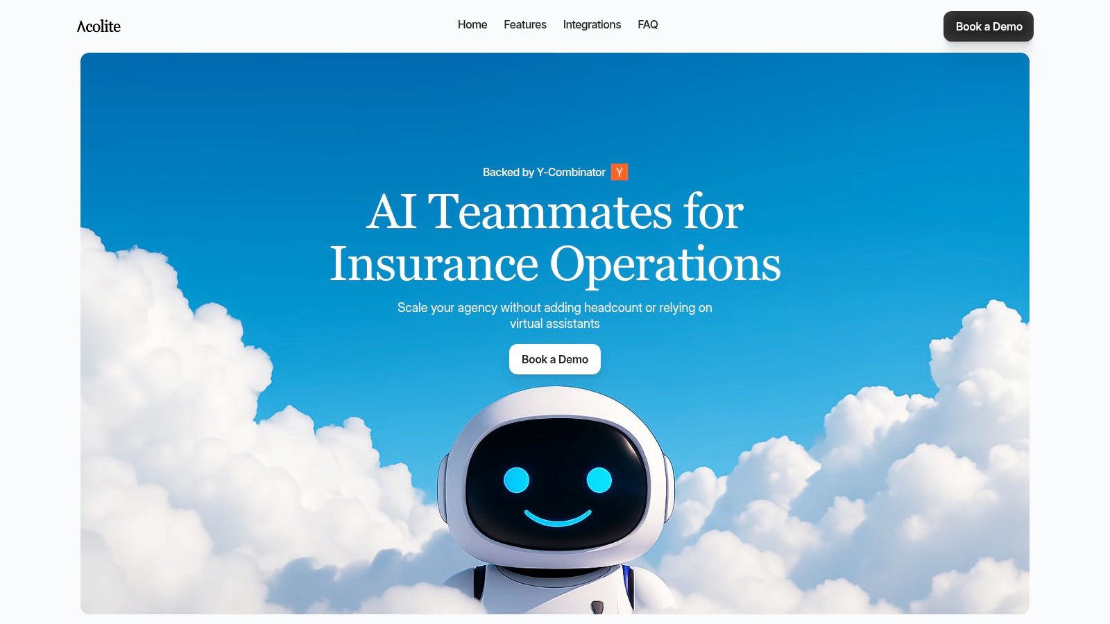 An AI robot working at a desk, symbolizing insurance automation with Acolite
