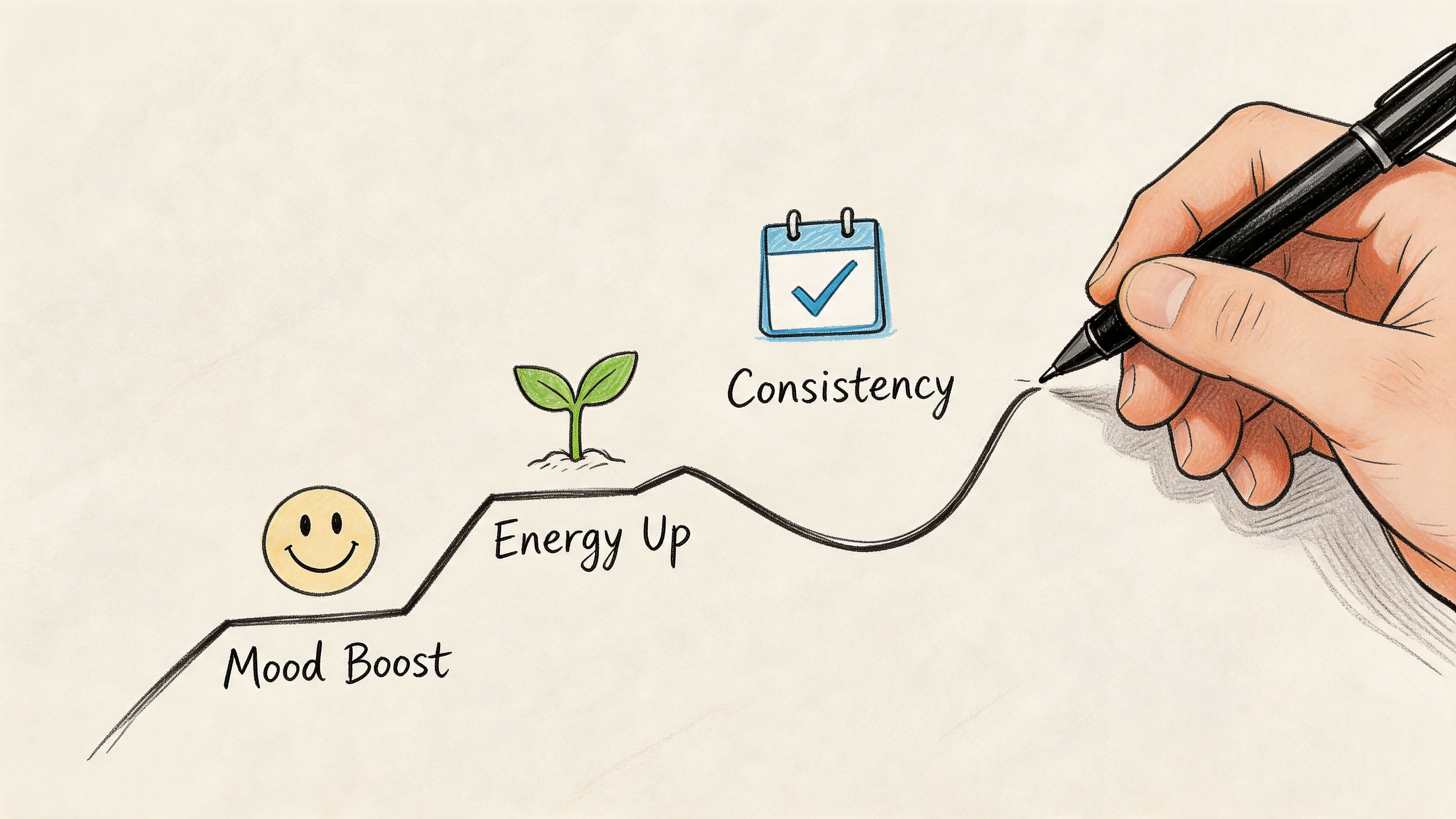 A hand drawing a line graph illustrating progress with labels for mood boost, energy up, and consistency.