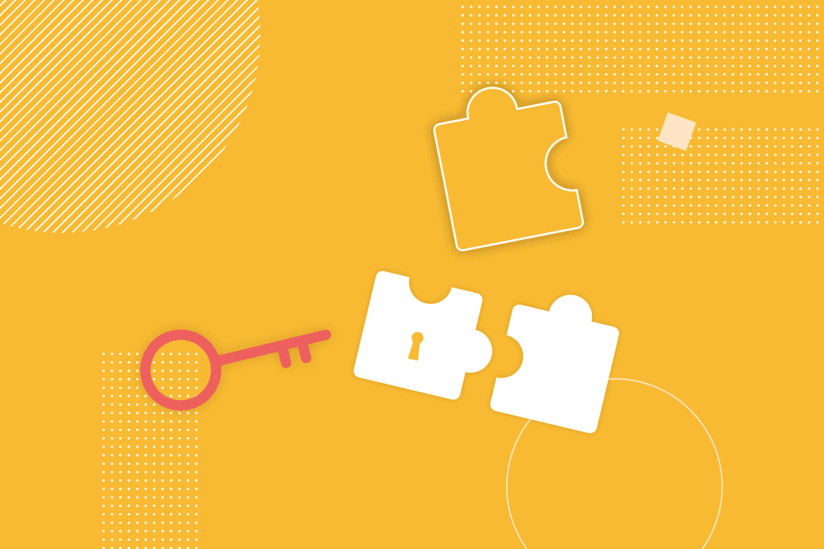 Illustrations of three jigsaw pieces, one of which is unlocking with a key. 